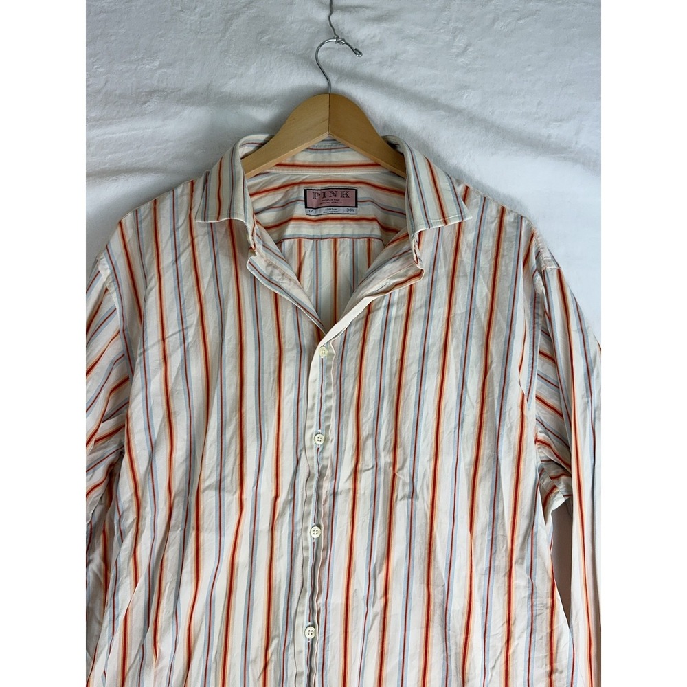 Thomas‎ Pink Shirt Mens Extra Large 17 36 Long Sleeve Multicolor Stripe Cotton
